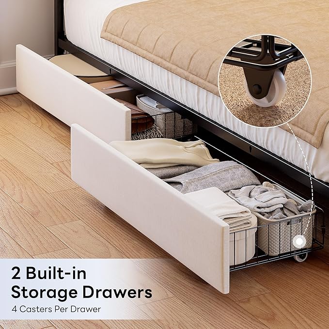 LIKIMIO Twin Corner Bed Frame with Storage Drawers and Charging Station, Modern Twin Daybed with LED Lights and Upholstered Guardrail, Beige