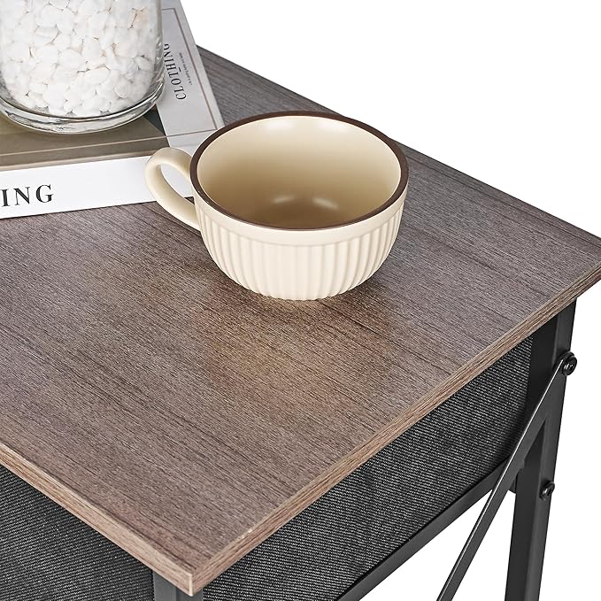VECELO Nightstand Set of 2, X-Design End Side Table with Fabric Storage Drawer and Open Shelf, Bedside Night Stand with Steel Frame for Bedroom, Living Room,Dorm, Easy Assembly,Gray