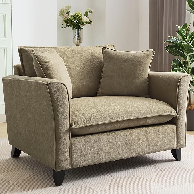 Merax 46.9 Inch Chenille Armchair, Luxury Oversized Accent Arm Chair with 2 Pillows, Modern Single Cloud Lounge Sofa Chair, Comfy Deep Seating for Office Apartment Living Room, Easy Assembly, Green