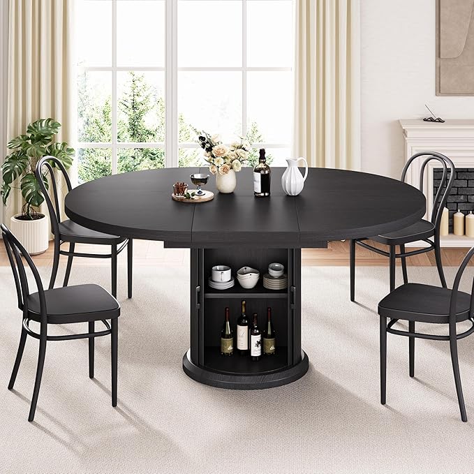 47″–63″ Extendable Round Dining Table for 4–8 with Dust-Proof 2-Tier Storage Shelf Space Saving Expandable Wood Oval Circle Dinner Furniture with Pedestal Base (Black)