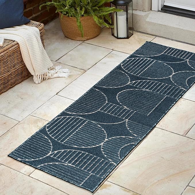 JONATHAN Y Nordby High-Low Arch Striped Navy/Cream Indoor/Outdoor Runner Rug, 2x8, Contemporary,Bohemian,Transitional for Bedroom,Kitchen,Living Room,Non Shedding,Easy-Washing (SCN104A-28)