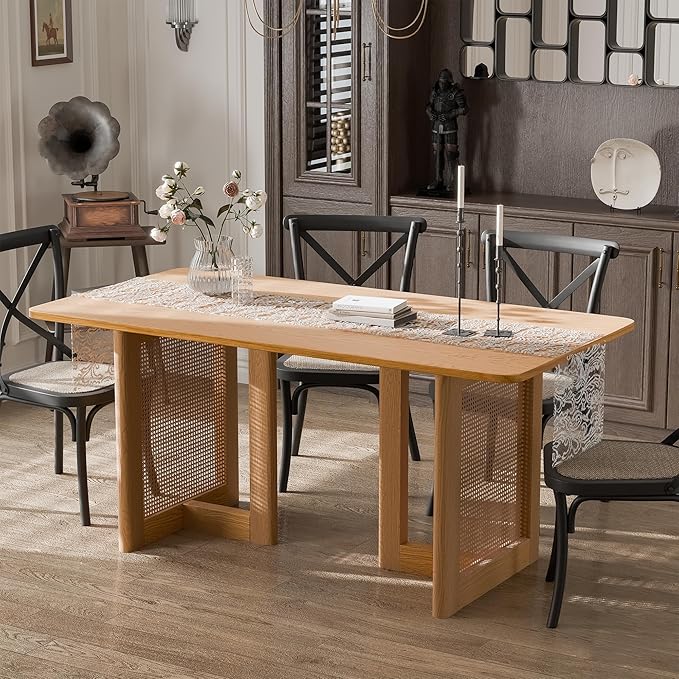 Casaphoria 67" Dining Table, Wicker Base Modern Kitchen Table for 4-6, Farmhouse Style with Rectangular Top & Wicker Base, Easy Assembly for Living Room, Kitchen, Natural Wood