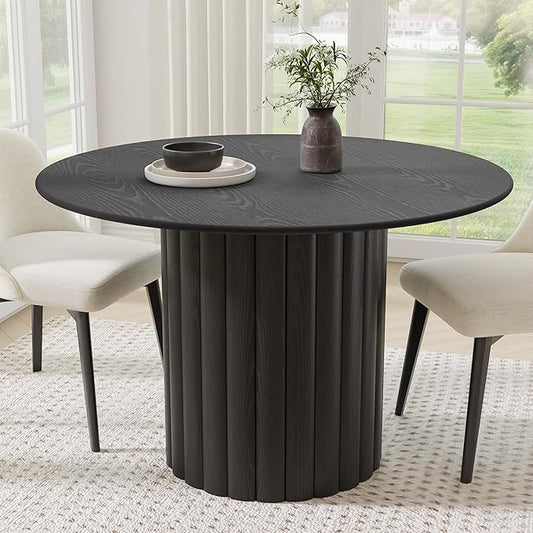 Casaphoria 46" Round Dining Table, Modern Wood Kitchen Table with Wide Column Pedestal Base for Living Room & Dining Room, Easy Assembly Farmhouse Furniture for 4-6, Black
