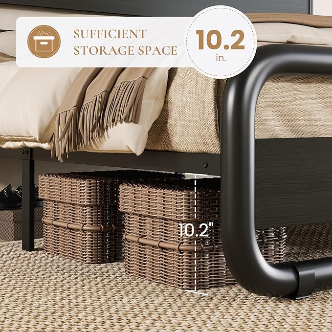 SHA CERLIN King Size Metal Bed Frame with Wooden Headboard and Footboard, Heavy Duty Platform Bed Frame with 10" Under-Bed Storage, Noise-Free, No Box Spring Needed, Black