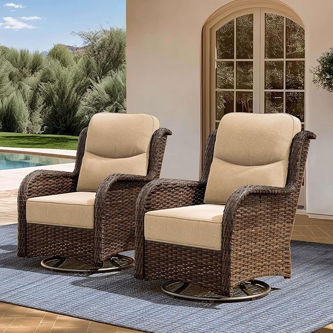 High Back Outdoor Furniture with Extra Thick Cushion Patio Swivel Rocking Chairs, 2PCS Oversized Comfort Wicker Conversation Set for Porch, Deck, Yard in Beige