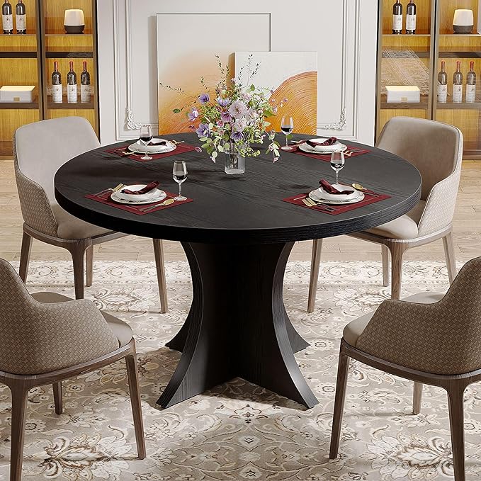 Tribesigns Round Dining Table for 4-6, 47.24-Inch Farmhouse Kitchen Table, Wood Dining Table with Pedestal Base, Small Dinner Table for Dining Room,Living Room, Small Space, Black