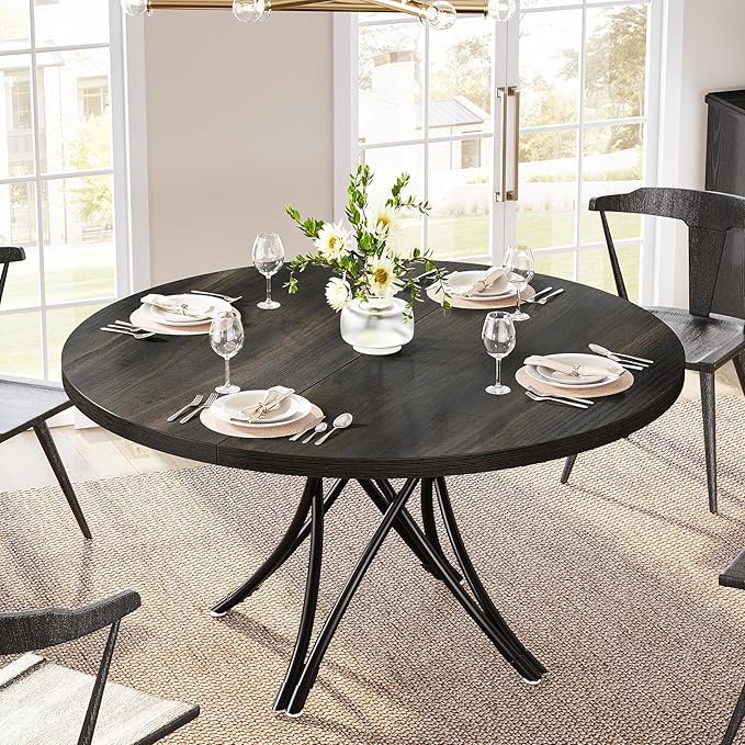 Tribesigns 47" Round Dining Table for 4-6, Modern Kitchen Table with Metal Cross Legs, Small Circle Dinner Table for Kitchen, Dining Room, Small Space, Space Saving (Black)