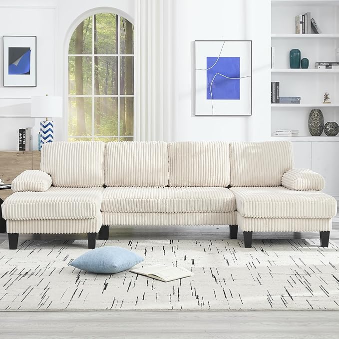 Eafurn Symmetrical U Shaped Sectional Sofa with Double Chaise Lounge,Modern Corduroy Upholstered Oversized Corner Couch, Deep Seat Comfy 4-Seater Sofa w/Pillow-top Armrest for Living Room