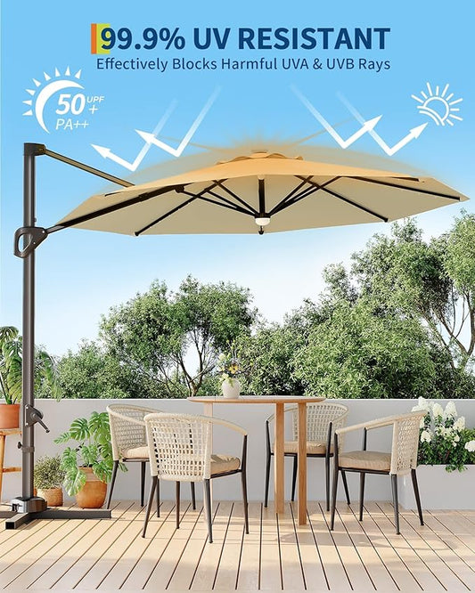 GarveeLife 10FT Patio Umbrella Outdoor Solar LED Large Cantilever Umbrella Market Sun Shade Windproof Offset Umbrella with 360-Degree Rotation for Garden Deck Pool Patio