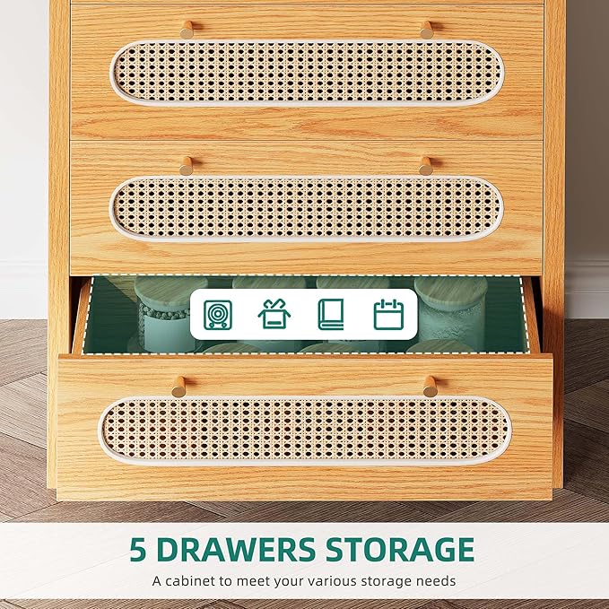 YITAHOME 47" Tall Buffet Sideboard Cabinet 5 Drawer Dresser, Boho Chest of Drawers with Golden Handles, Wood Storage Cabinet for Hallway, Entryway, Hold up to 300lbs - Oak