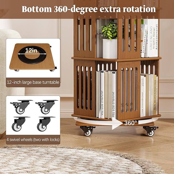 5 Tier Rotating Bookshelf Tower on Wheels, Wood Spinning Bookcase, Bamboo Revolving Book Shelf, Narrow Bookshelves for Small Space, Corner, Bedroom, and Living Room - Walnut