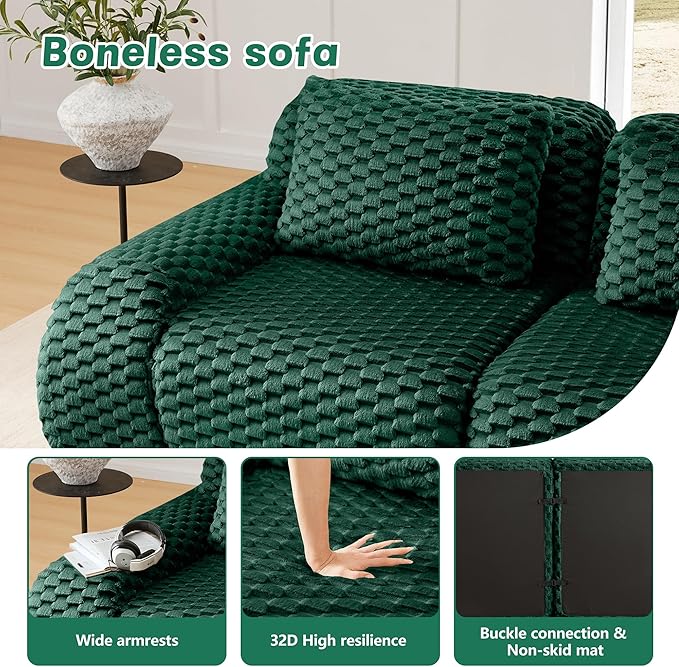 KEIKI 81.9" Loveseat Boneless Couches for Small Living Room, Flexible Modular Sectional Velvet Sofa with Ottoman, Plush Deep Seat Lounge Couch for Apartment Furniture, Chaise Lounge Indoor, Green