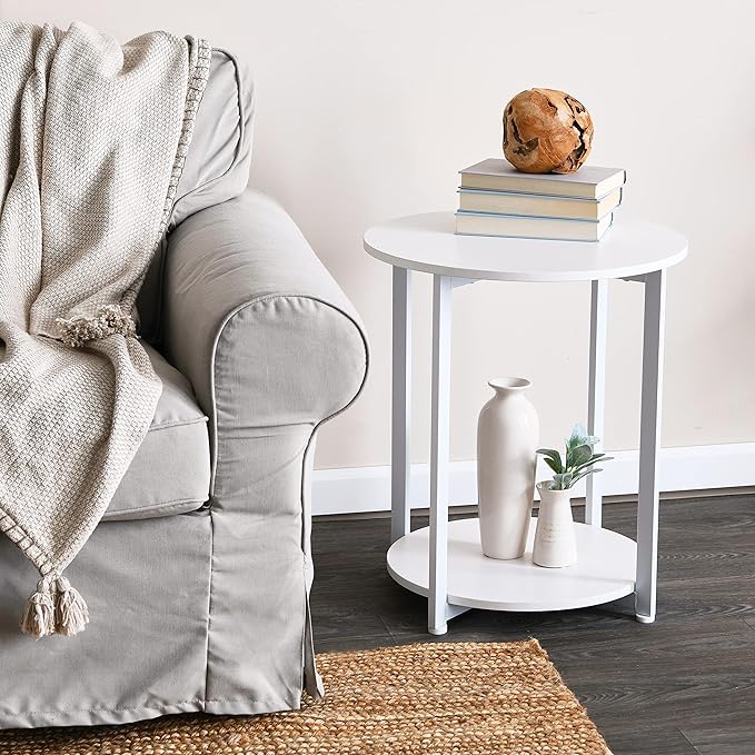 Household Essentials Jamestown Round Side End Table with Storage Shelf Scandinavian White and White Metal