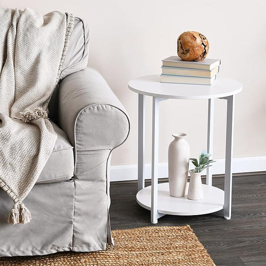 Household Essentials Jamestown Round Side End Table with Storage Shelf Scandinavian White and White Metal
