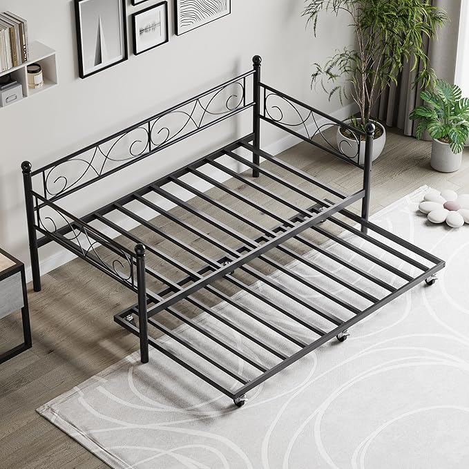 IDEALHOUSE Twin Daybed with Trundle, Metal Trundle Bed, Sofa Bed Frame, Heavy Duty Metal Slats, for Living Room, Bedroom, Guest Room, Space Saving, Black