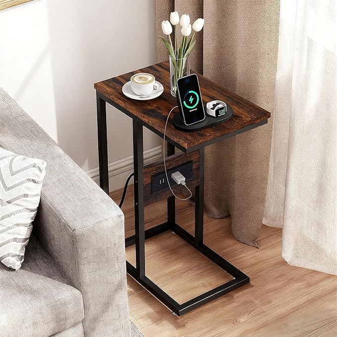 VECELO C-Shaped End Side Table with Charging Station & 2 USB Ports and Outlets for Living Room, Bedroom, with Adjustable Feet for Couch Sofa, Bedside, Small Spaces， Brown
