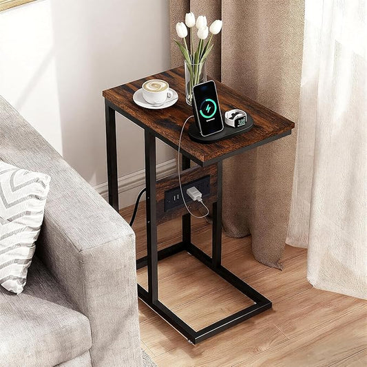VECELO C-Shaped End Side Table with Charging Station & 2 USB Ports and Outlets for Living Room, Bedroom, with Adjustable Feet for Couch Sofa, Bedside, Small Spaces， Brown