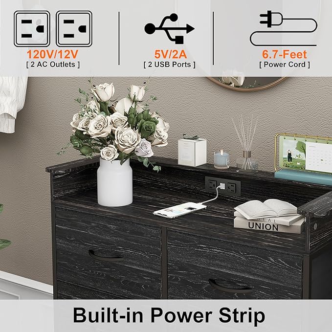 Fabric Dresser for Bedroom with LED Light and Charing Station Tall Dressers with 8 Drawers Black Dresser & Chest of Drawer for Closet Living Room Hallway Sturdy Steel Frame Wood Top