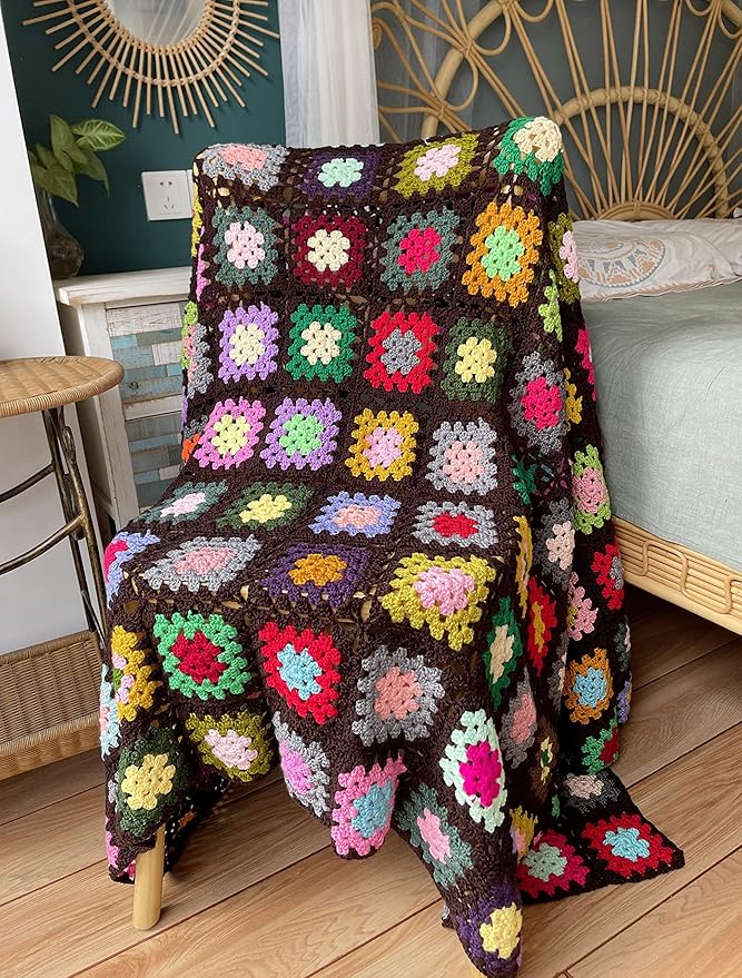 RISEON Handmade Granny Square Crochet Throw Blanket Sweater Style Mat, crochet quilt, multicolor Boho Travel Accent Decor Throw for Sofa Comforter Couch Bed Recliner Living Room Bedroom (Dark Brown)
