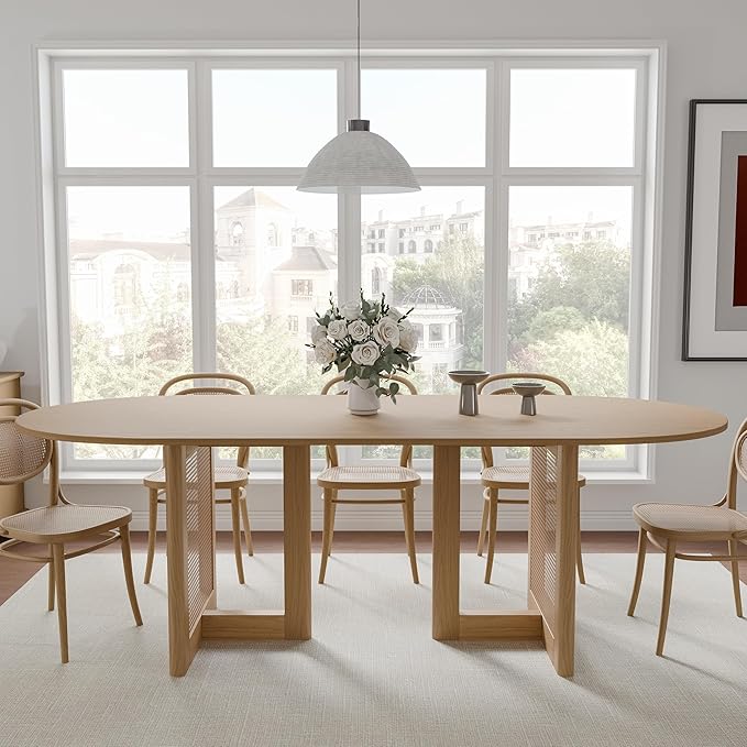 Casaphoria 79" Dining Table, Wicker Base Modern Kitchen Table for 4-6, Farmhouse Style with Oval Top & Wicker Base, Easy Assembly for Living Room, Kitchen, Natural Wood