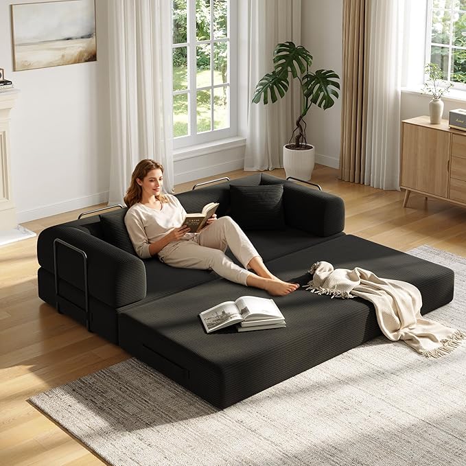 79in Convertible Sofa Bed, Corduroy Boneless Couch Bed, Futon Sleeper Sofa Pull Out Bed, Foldable Couch for Living Room Apartment, No Assembly Required