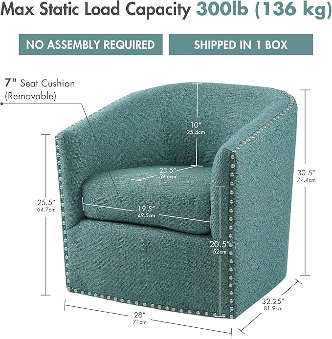 Madison Park Swivel Barrel Accent Chair, Upholstered Curved Back with 7-Inch Thick Woven Cushion, 360° Swivel, Nailhead Trim, Comfy Chair for Living Room, Bedroom, Office, 28" Wide, Teal, Tyler