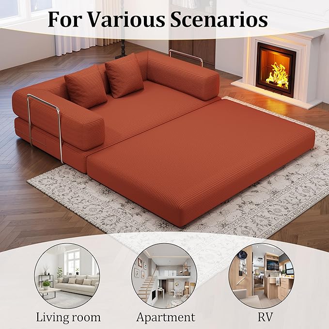 BSHOMGI 4-in-1 Foldable Sofa Bed Teddy Fabric Foam-Filled Compressed Couch, Convertible Loveseat Sofa, Boneless FoldingSleeper for Living Room, Guest Bed, Playroom (Orange, 59” 2 Seat)