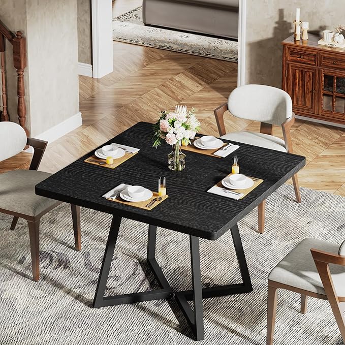 Tribesigns Square Dining Table, 31.5" Industrial Dinner Table with Metal Base, Kitchen Table for Dining Room, Small Space, Apartment, Black (2pcs)