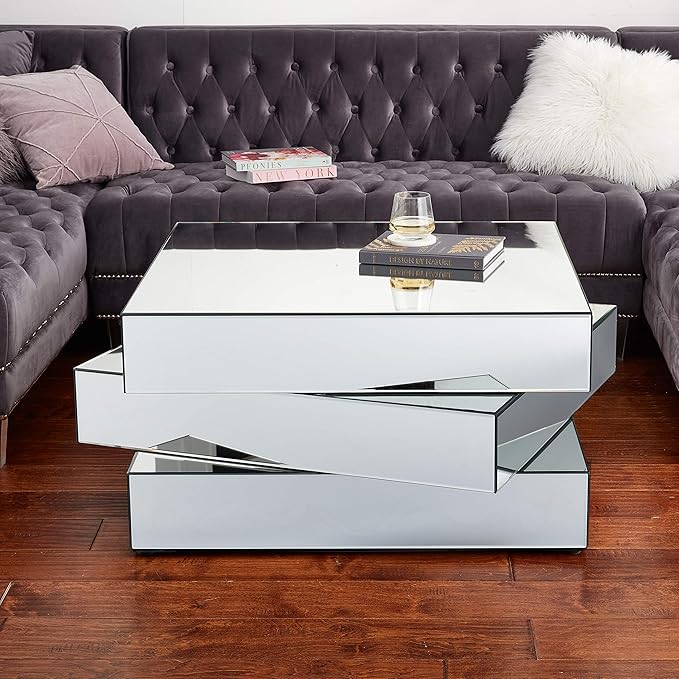 Meridian Furniture Haven Collection Modern Contemporary Mirrored Coffee Table Featuring a Bold Geometric Design, 39.5" W x 39.5" D x 18.5" H