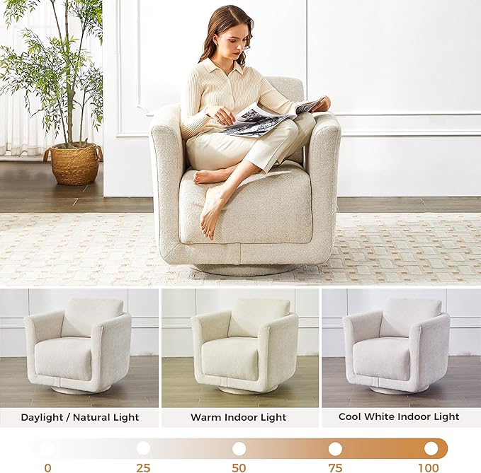 Swivel Accent Chair, 360° Upholstered Swivel Chair, 350 lbs Capacity, Kiln Dried Solid Wood Frame Lumbar Cushion,FSC Certified Upholstered Chair for Living Room Bedroom,Beige