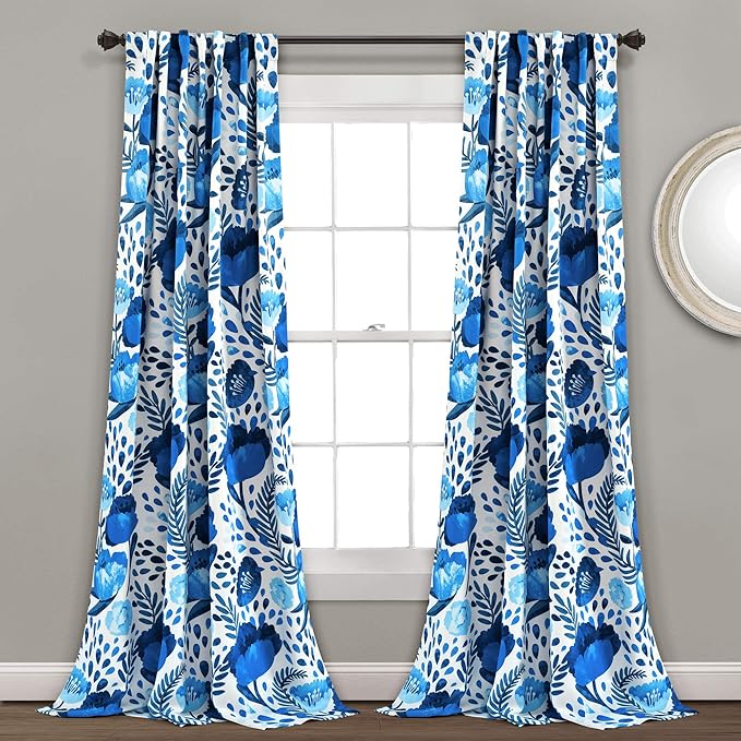 Lush Decor x 52", Blue Poppy Garden Curtains Light Filtering Window Set for Living, Dining, Bedroom, 84 in L Panel Pair