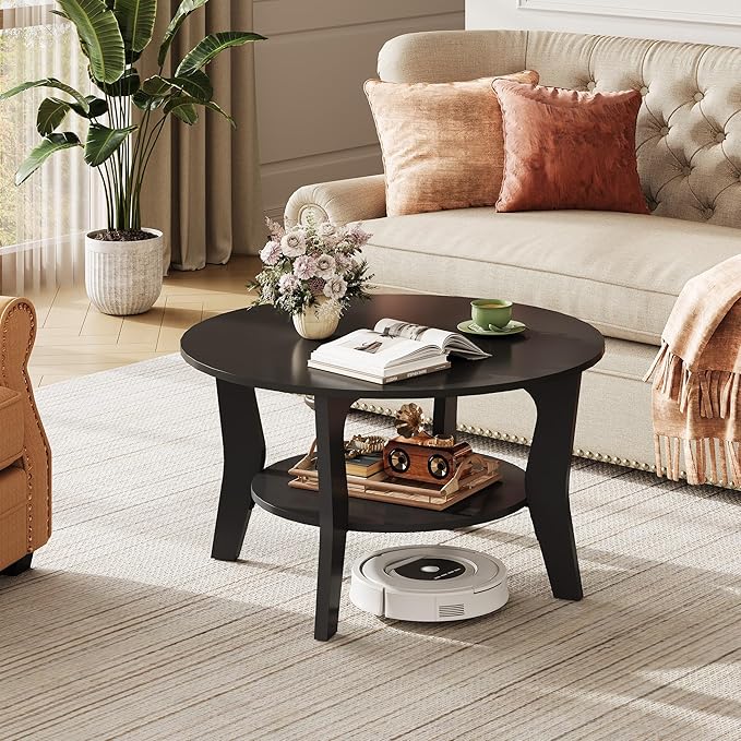 WLIVE Round Coffee Table, 2-Tier Small Coffee Table with Storage Shelf, Circle Wood Center Table for Living Room, Apartment, Easy Assembly, Black