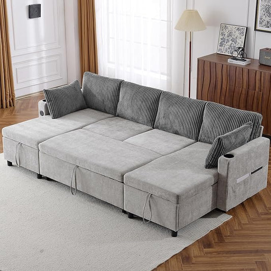 Ball & Cast 111.8" Upholstered Sectional Sleeper Sofa Bed, U Shaped Pull Out Couch with Storage Chaise,USB Ports and Two Cup Holders, for Living Room,Office, Apartment, Grey