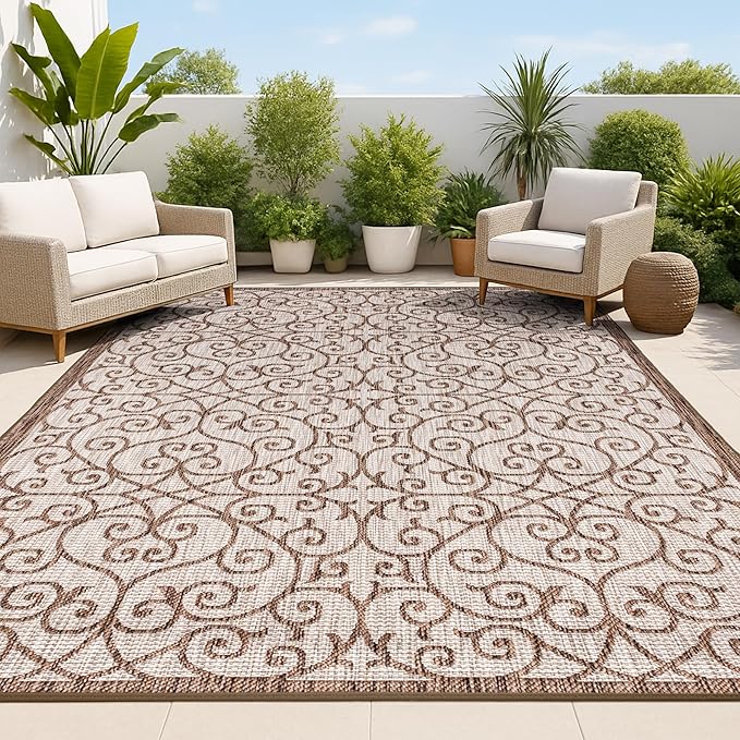 JONATHAN Y Vintage Filigree Indoor Outdoor Area Rug 6X9 Taupe/Espresso, Madrid Textured Weave for Backyard, Patio, Porch, Easy-Cleaning, High Traffic, Pet-Friendly, Non-Shedding (SMB107C-6)