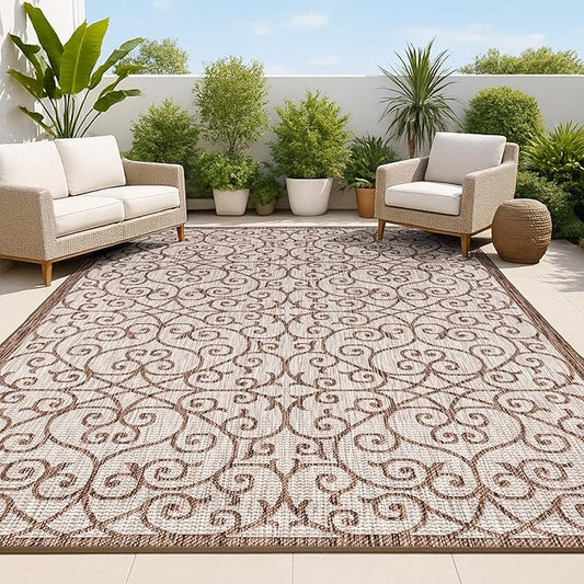 JONATHAN Y Vintage Filigree Indoor Outdoor Area Rug 6X9 Taupe/Espresso, Madrid Textured Weave for Backyard, Patio, Porch, Easy-Cleaning, High Traffic, Pet-Friendly, Non-Shedding (SMB107C-6)