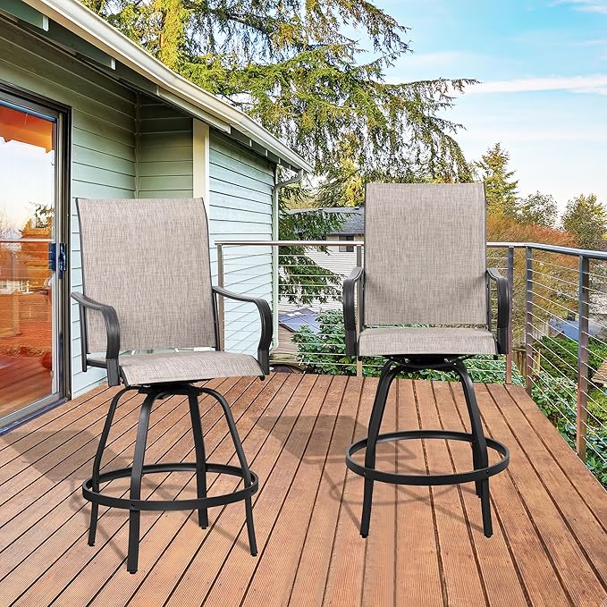 Shintenchi 2 Piece Patio Swivel Bar Chairs, All Weather Textile Outdoor Metal Bar Stools Patio Chairs Set of 2 with High Back, High Top Bistro Set Furniture for Balcony, Backyard, Garden, Deck, Taupe
