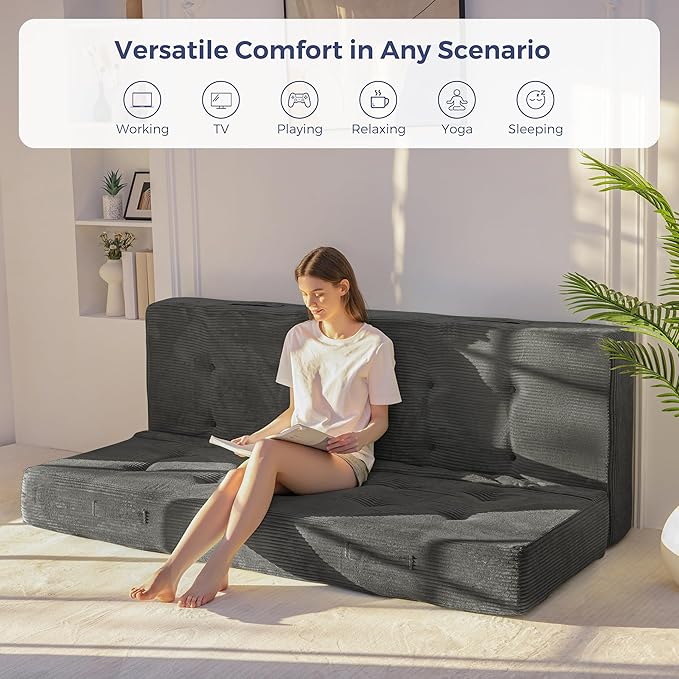 MAXYOYO 8" Foldable Floor Sofa Bed, Tufted Foldable Couch Bed Thick Folding Mattress with Handles, Versatile Folding Sofa Couch for Floor Sleeping, Living Room & Guest Room, Dark Grey