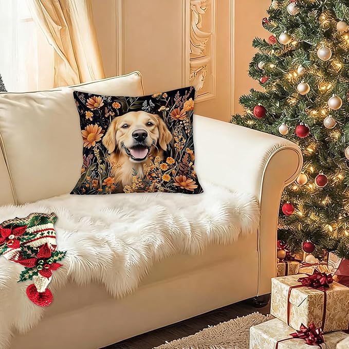 William Morris Inspired-Vintage Floral Golden Retriever Pillow Covers 18x18,Golden Retriever Gifts for Women, Dark Cottagecore Botanical Dog Decorative Pillow Covers for Home Living Room Bedroom