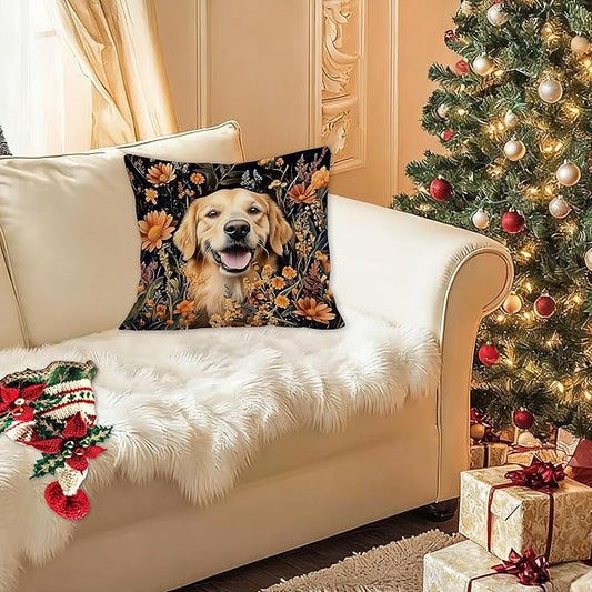 William Morris Inspired-Vintage Floral Golden Retriever Pillow Covers 18x18,Golden Retriever Gifts for Women, Dark Cottagecore Botanical Dog Decorative Pillow Covers for Home Living Room Bedroom