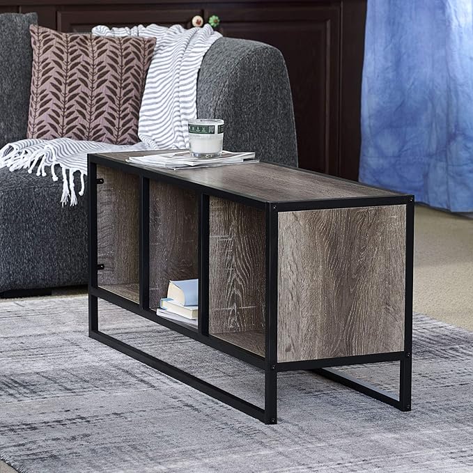 Household Essentials Jamestown TV Stand Coffee Table with Square Cube Storage Compartments Ashwood Rustic Wood Grain and Black Metal