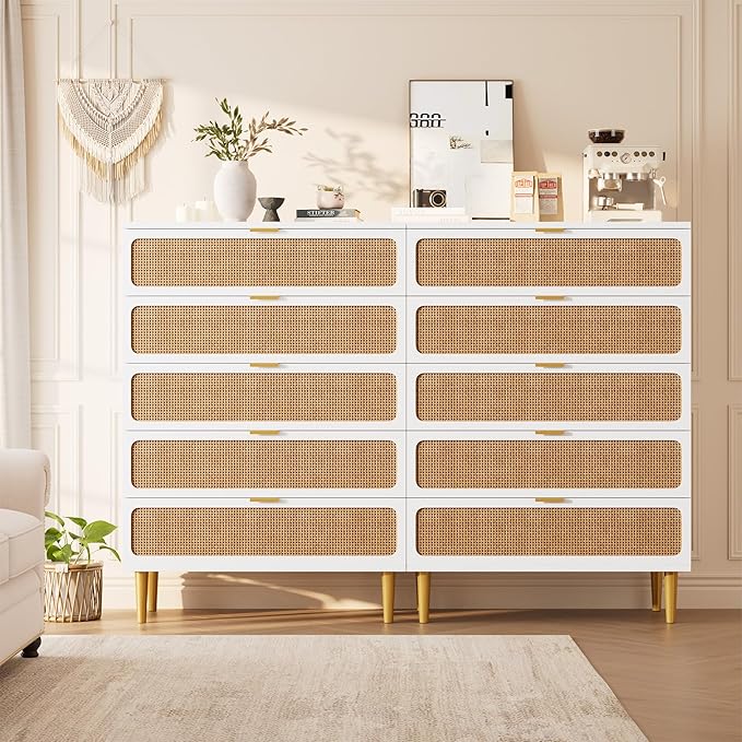 GarveeHome Rattan 5 Drawer Dressers for Bedroom, Tall Dresser with Deep Drawers, Large Chest of Drawers for Closet with Wide Top, Long Wooden Dresser for Living Room, Hallway, Kids Room, White