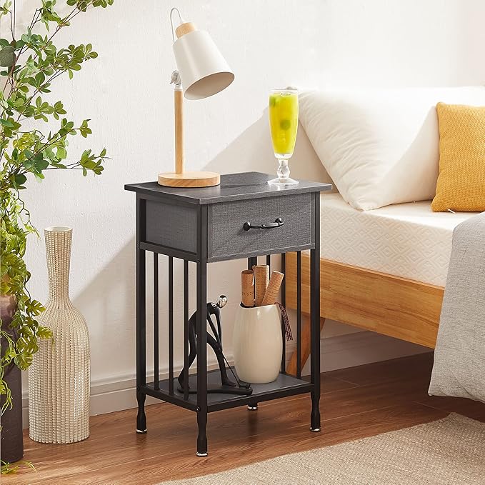 VECELO Nightstands, Industrial Side/End Tables with Drawer and Storage Shelf, Night Stands for Bedroom, Living Room, Wood Metal Furniture, Easy Assembly