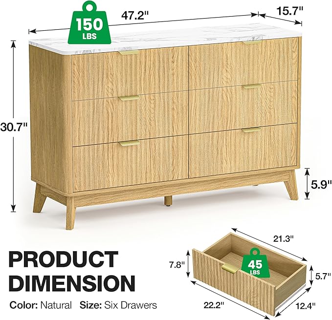 Fluted 6 Drawer Dresser, 47" Wide Chest of Drawers with Faux Marble Top,Modern Dresser TV Stand, Wood Closet Clothes Storage Organizer with Curved Edges for Bedroom, Living Room, Natural