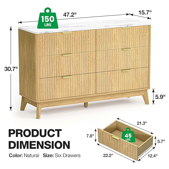47" Fluted Dresser for Bedroom with Arc-Shaped Corner,6 Drawers,Modern Chest of Drawers with Metal Handle, Wood Closet Clothes Storage Organizer with Curved Edges for Bedroom,Natural