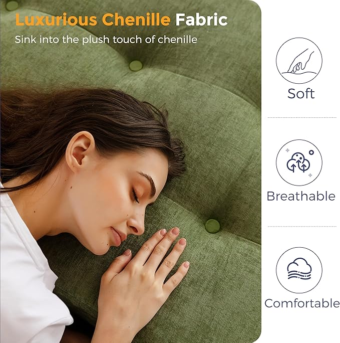 MAXYOYO Tri-Fold Mattress, 6 Inch Tufted Folding Mattress with Chenille Fabric, Portable Queen Size Floor Guest Mat for Adults, Foldable Topper for Camping, Green