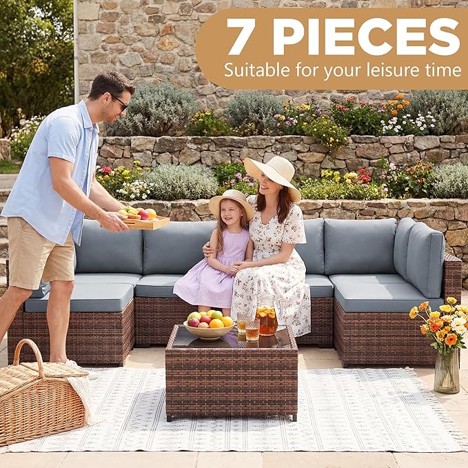 LHBcraft 7 Pieces Outdoor Wicker Rattan Patio Furniture, Wicker Rattan Outdoor Sectional Sofa Set with Coffee Table & Blue Cushions for Garden, Poolside