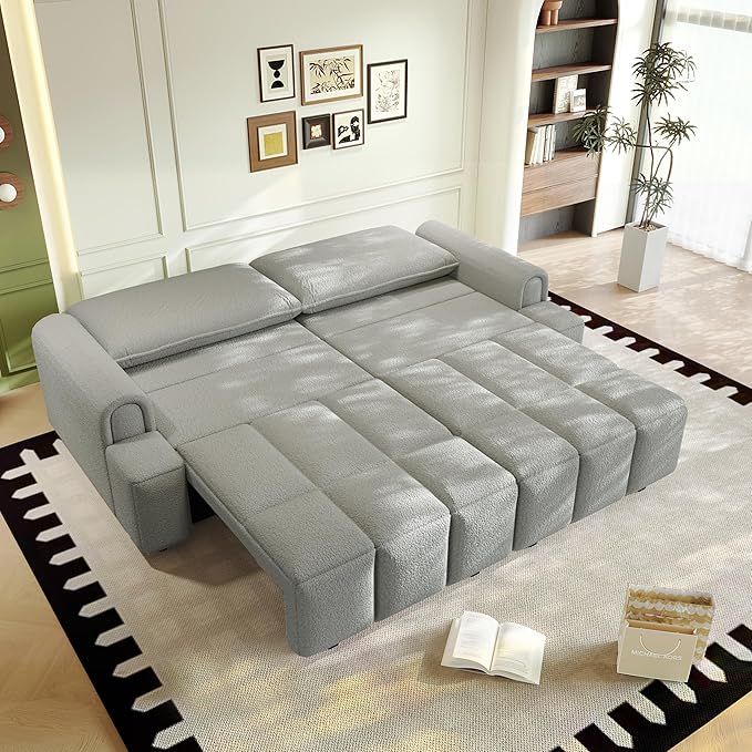 KEIKI 90.2" Space-Saving Convertible Sofa Bed – 3-in-1 Sleeper Couch with Deep Seats Storage, Modern Teddy Fabric Sofa for Apartment, Small Spaces, Studio Living, Multifunctional Sofa Bed with Wheels