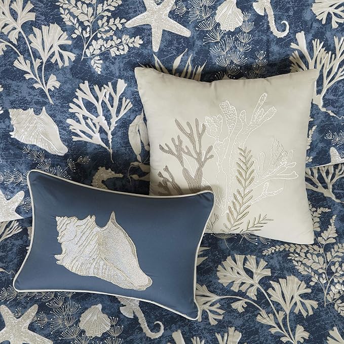 Madison Park 100% Cotton Comforter Set-Coastal Coral, Starfish Design All Season Down Alternative Cozy Bedding with Matching Shams, California King (104 in x 92 in), Blue 7 Piece