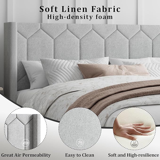 Queen Size Bed Frame with Velvet Upholstered Headboard, Platform Bed Frame No Box Spring Needed, Modern Bedframe with Strong Wooden Slats, Light Gray