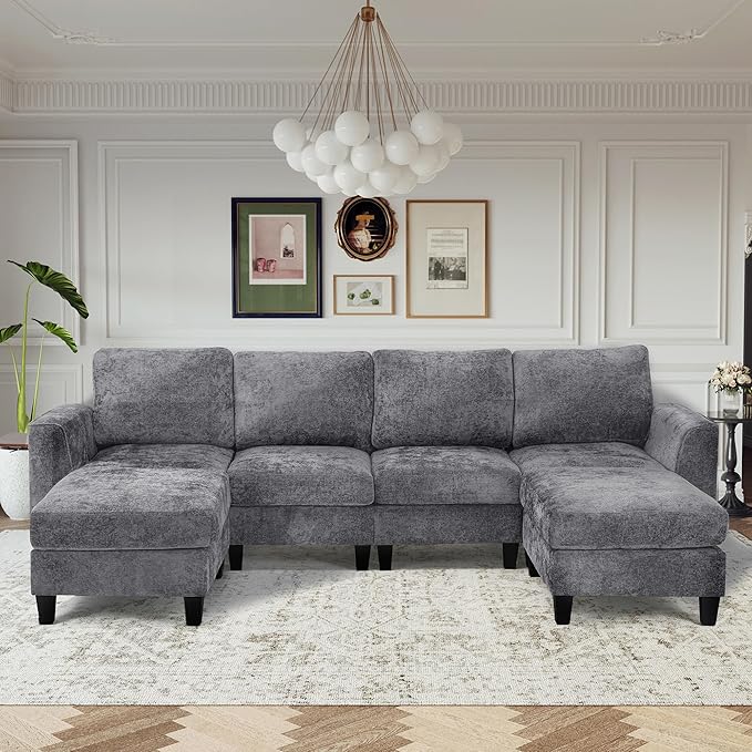 MALOL 118" U-Shaped Sectional Couch, 4-Seat Modular Sofa with USB Type C Ports, 2 Ottomans and Foldable Side Table, Grey for Living Room
